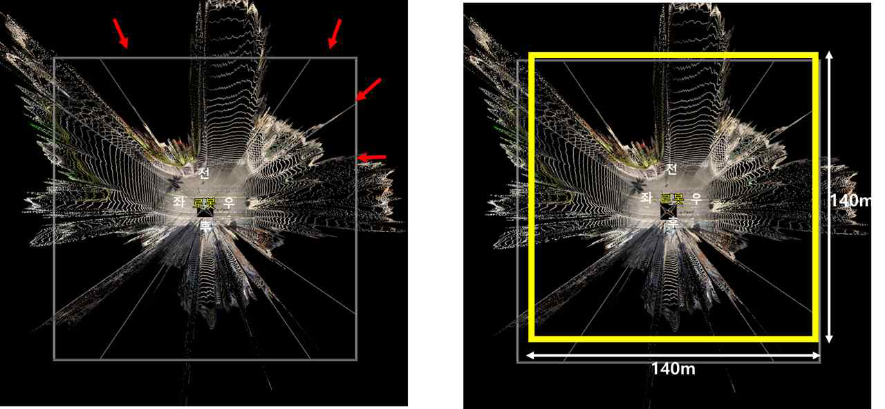 70m 경계선 원본(좌)과 표시(우)한 360° 정밀 유사 라이다 뷰어 조감도