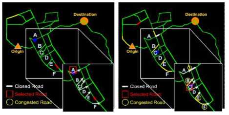 (왼쪽) 혼잡 및 정체 구간이 없을 경우의 경로 생성 (오른쪽) 혼잡 및 정체 구간이 있을 경우의 경로 생성