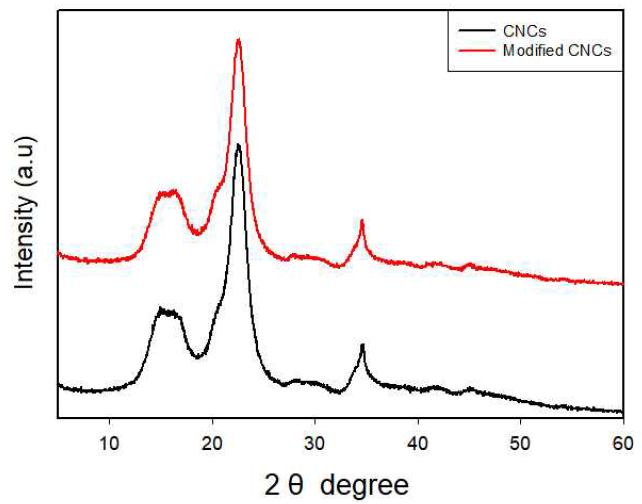 XRD patterns of native CNCs and modified CNC