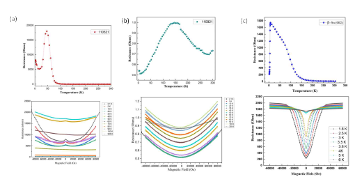 XRD and PPMS data of each Sn thin films. (a) a-Sn(220), (b) b-Sn(220), and (c) b-Sn(002)