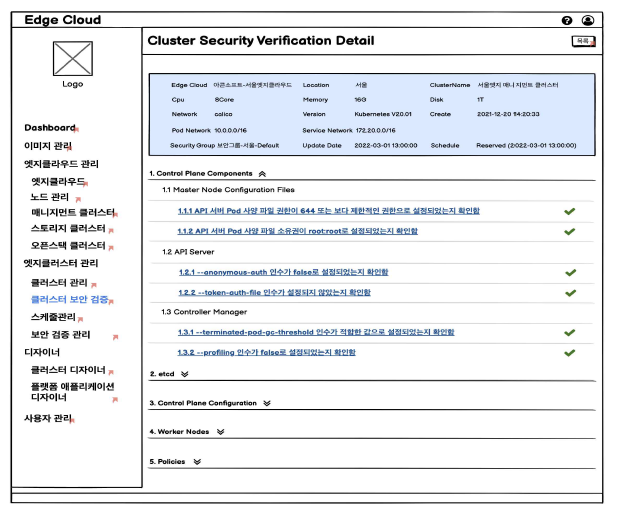 엣지 클러스터별 보안 검증 항목 상세 확인 UI 설계