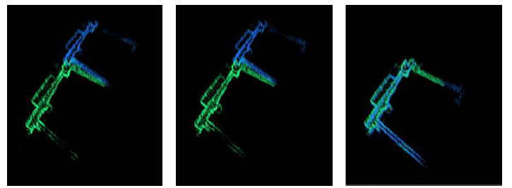 디지털관 3층에서의 지도 병합 결과 비교 (Left : ICP, Middle : Voxelized-ICP, Right : Our Method)