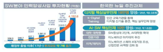 국내 SW분야 인력양성사업 투자현황(민관협력 기반의 소프트웨어 인재양성 대책, 2021)