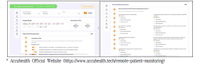 Accuhealth ‘Our Software’ 환자 경과 관련 정량적 데이터 기록 페이지 및 맞춤형 설문지