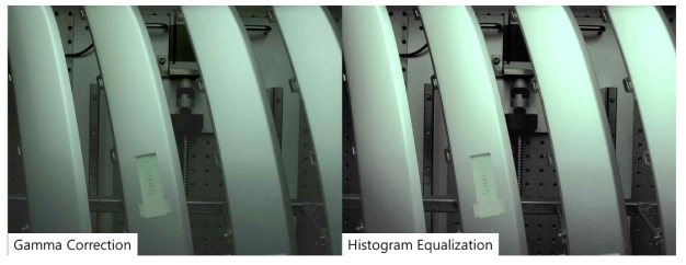 영상 복원을 위한 기존 방법 결과 비교: HistogramEqualization은 밝은 부분에서 Saturation 되는 문제가 발생하여 Gamma Correction을 최종 선택함