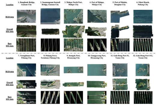 데이터 수집 장소 및 촬영된 영상의 리스트. RGB데이터는 촬영된 광학 영상을 뜻하며, Overall HSI data는 수집된 초분광 영상을 겹친 이미지, 그리고 Raw HSI데이터는 미 가공 데이터를 나타냄