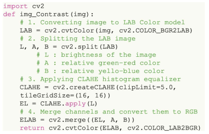 이미지 변환 및 대비 향상 기술에 사용된 Python 코드