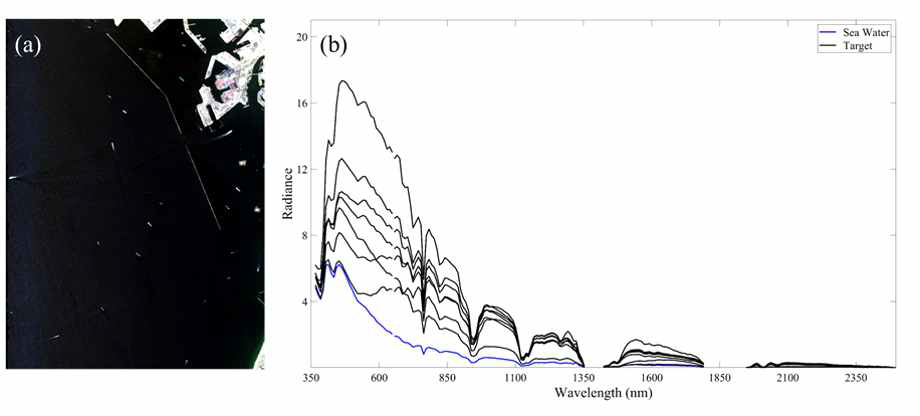 전처리 기법 적용 대상 항공관측 초분광 영상 및 선박 스펙트럼 산출 결과