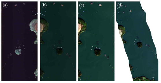 초분광 항공 실측자료 전처리 적용결과 예시. (a) 원자료, (b) 방사보정 적용, (c) 대기보정 적용, (d) 기하보정 적용 (2021/11/05)
