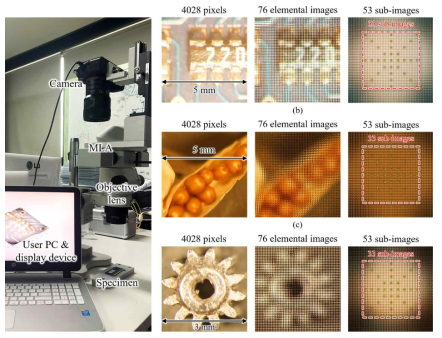 (a) 구현된 라이트 필드 현미경 시스템; (b) 칩저항의 2D 영상 (left), EIAs (center), OVI영상(right), (c) seedpod, and (d) gear