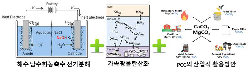 해수담수화 농축수의 전기분해를 이용한 가속광물탄산화 및 재활용