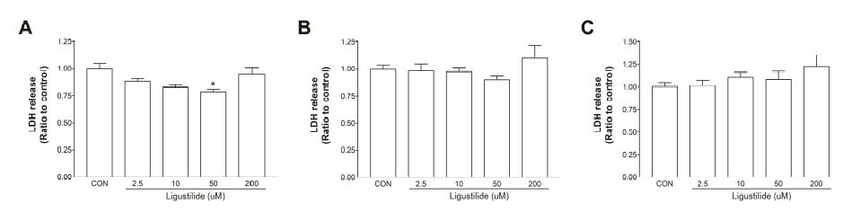 Aged neuronal cell death and anti-aging effect of chlorogenic acid in cultured neurons. The chlorogenic acid was incubated for 24 (A), 48 (B), and 72 hr (C). *p<0.05, **p<0.01, compared to control, respectively