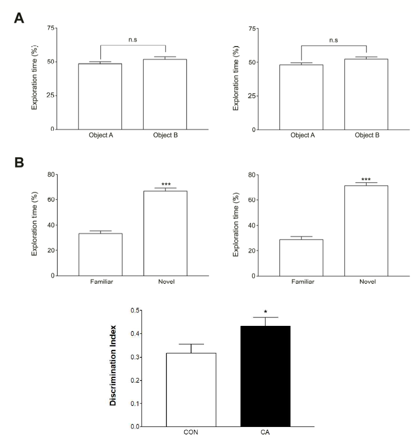 The effect of Chlorogenic acid on the ability of recognition with novel object recognition test. (A) First trial with two identical objects (B) Second trial with one familiar and one novel object (C) Discrimination index in two groups. *p<0.05, ***p<0.001 compared to control