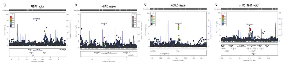Regional plot for top SNPs in all subjects *Regional plot for ±600kb from top SNPs on PIBF1;a, KLF12;b, KCNJ3;c and rs11214944;d in total patient main model