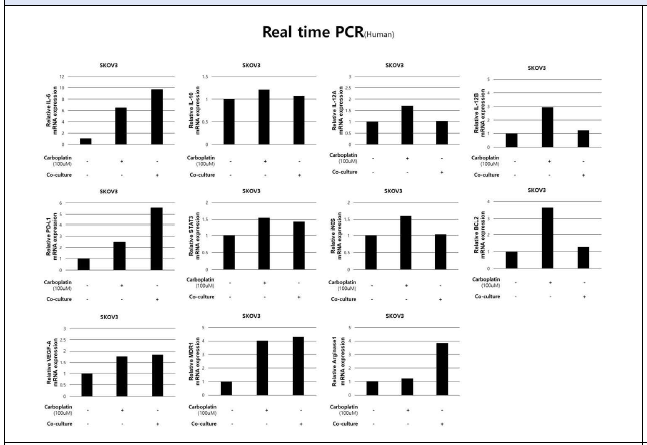 공동배양/Carboplatin 처리 후 Human 난소암 세포주(SKOV3)에서 주요 유전자 발현량 변화를 확인한 Realtime PCR 결과