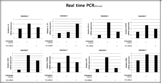 공동배양/Carboplatin 처리 후 Mouse 대식세포(RAW264.7)에서 주요 유전자 발현량 변화를 확인한 Realtime PCR 결과