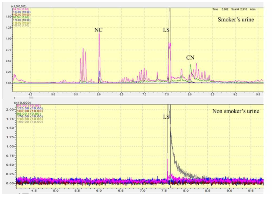 흡연자와 비흡연자의 요 중 니코틴 및 코티닌 분석결과