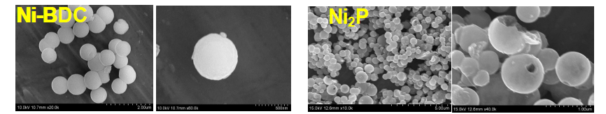 Ni-BDC (좌)와 중공형 Ni2P (우)의 SEM 사진