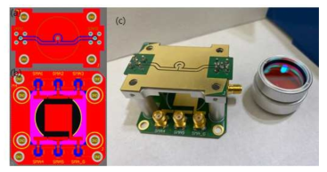 (a) 고주파 인가를 위한 PCB, (b) 포토다이오드 신호 측정을 위한 PCB. (c) 전체를 결합한 모습