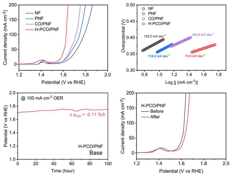H-PCO/PNF 촉매의 OER 성능 및 안정성 평가