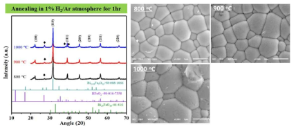 1%H2/Ar 분위기에서 어닐링된 BF-BT bulk 시편의 환원 온도별 XRD 패턴과 SEM 이미지