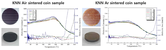 KNN Coin 형상 Bulk 시편의 사진 및 유전특성 측정 결과