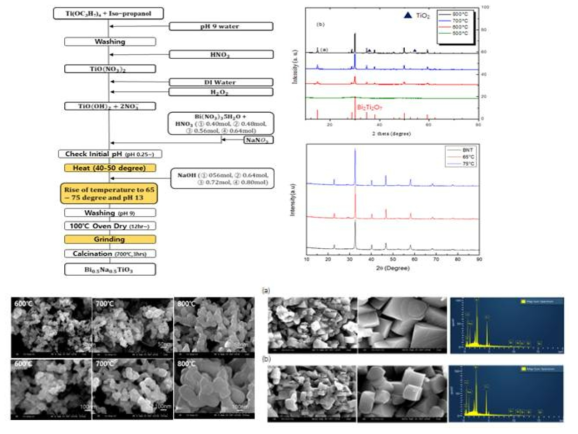고온에서 침전반응을 실시한 경우 합성된 분말의 미세구조 사진 (구형의 입자 합성) 각각 (a) 65도, (b) 75도에서 침전반응시켜 합성한 BNT 분말의 SEM 사진 및 EDX 분석 결과
