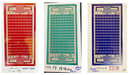 최종년도에 제작한 9x15 크기의 3분할 적색, 녹색, 청색셀의 레이저 패터닝 결과