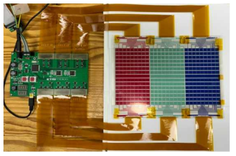 최종년도에 제작한 RGB 27x15 어레이 소자와 구동보드의 체결완성 모습