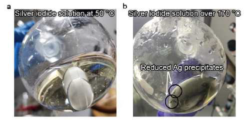 Silver iodide 용액의 (a) 50 ℃, (b) > 170 ℃ 반응 온도에서의 이미지