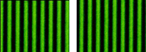 (좌) NO-BP-3, (우) NS-BP-2 가교제를 사용한 InP/ZnSexS1-x 양자점 패턴 사진 (선너비: 2 μm, 간격: 2 μm)