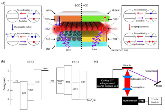 (a), (b) hole-only device (HOD)와 electron-only device (EOD)를 이용한 multi-exciton 생성 모식도, (c) 분광학 측정 모식도