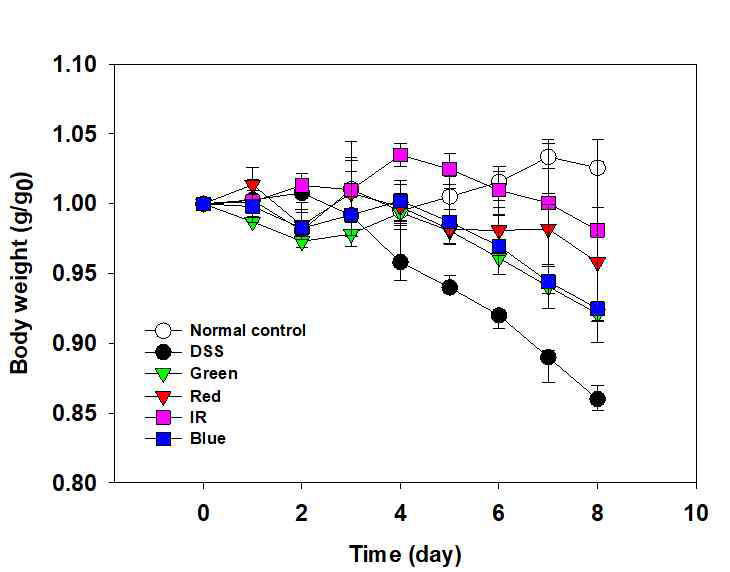시간에 따른 파장별 광치료 개체의 몸무게 변화