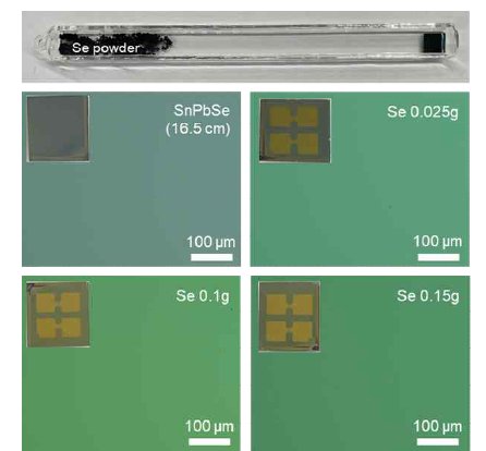 SnPbSe 소재의 Se 공극(vacancy) 형성을 억제하기 위한 후셀레늄화 (Post-selenization) 공정 및 합성된 2차원 삼원계 SnPbSe 박막의 광학현미경 사진