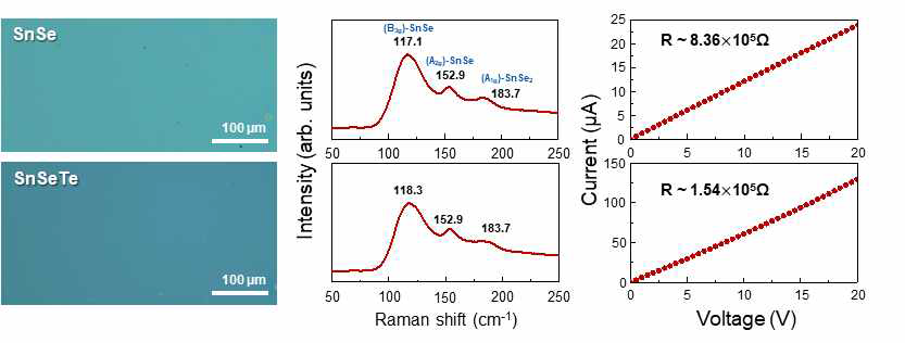 SnSe와 SnSeTe의 광학현미경 관측결과, 라만 분광분석결과, I-V 특성 비교 그래프