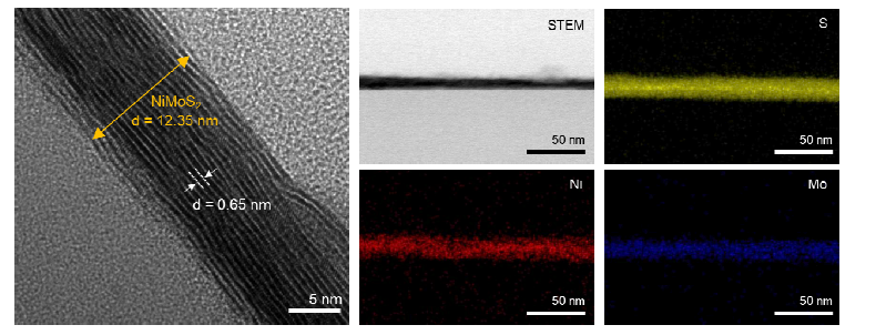 신규 단일전구체 기반 2차원 삼원계 NiMoS2 반도체 층상소재의 투과전자현미경, 에너지 분산형 X선 분광법 분석 결과