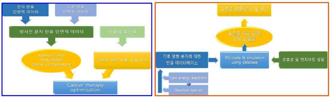 최적화 방사선 치료 모델과 기후 변화 대응 모델을 위한 전자 반응 데이터 연구 개략도