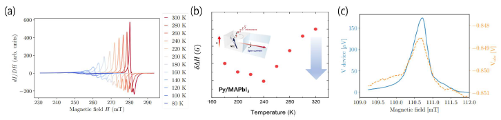 (a) Py/MAPbI3 구조에서 온도에 따른 FMR 측정 결과 (b) Py/MAPbI3 구조에서의 line-width broadening 도출 결과 (c) ISHE 초기 결과