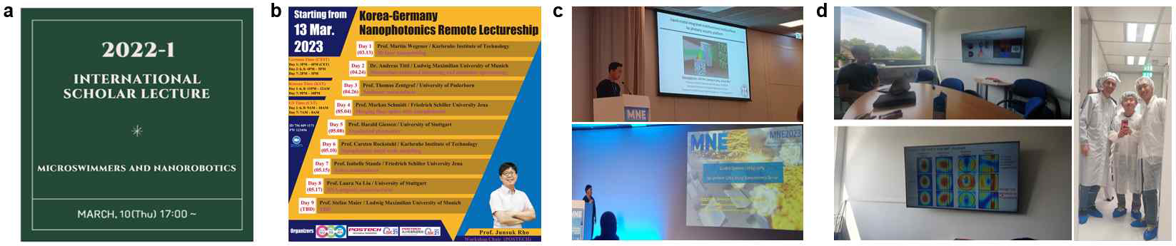 a, b 워크샵 포스터 c MNE2023 발표 사진 d 파더보른 대학교 방문 사진