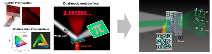 (좌) 구조색 발현 및 홀로그램이 동시에 가능한 듀얼모드 메타표면 (우) 편광 기반 다기능성 듀얼모드 메타표면 및 액정을 통한 능동형 광특성 조절