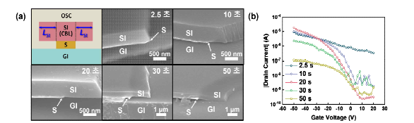 (a)습식 식각 시간에 따라 조절되는 소스 절연막의 돌출 길이(Ls)변화, 소스 전극/돌출형 소스 절연막 구조의 주사전자현미경 이미지. (b) 서로 다른 소스 전극 습식시간을 통해 제작된 수 직구조 기반 광 트랜지스터 소자의 트랜스퍼 특성 곡성