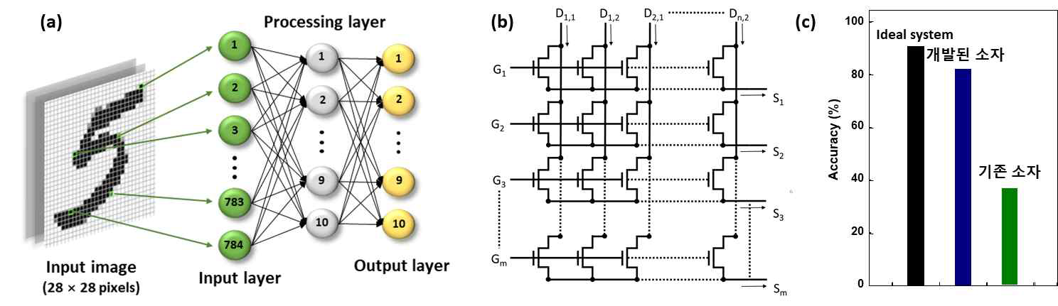(a) 손 글씨 숫자 이미지 학습 및 인식을 위한 하드웨어 신경망 구성 모식도. (b) 수직구조 광 트랜지스 터 기반 시냅스 소자 어레이 개략도. (c) 이상적인 소프트웨어 시스템 및 개발된 수직구조 소자, 기존 수직구조 소 자로 구성된 하드웨어 신경망의 손 글씨 숫자 이미지 인식 정확도.