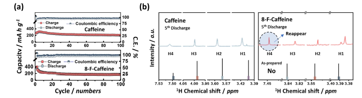 액체 전해질 시스템에서의 순수 caffeine과 8-F-caffeine의 (a) 수명특성과 (b) 5 cycle 이후의 1H NMR spectra.