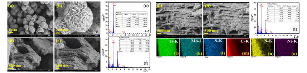 (a-c) NiMoSx, (d-f) P-NiMoSx/MX, (g-i) NiMoSx/MX의 FE-SEM 이미지 및 EDAX 스펙트럼, (j-o) NiMoSx/MX의 EDS 매핑