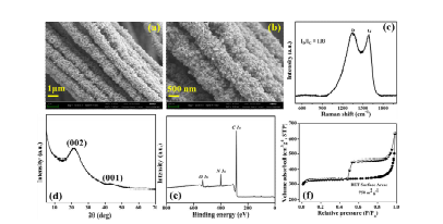 HP-N-CFs의 (a, b) FE-SEM 이미지, (c) 라만 스펙트럼, (d) XRD 패턴, (e) XPS survey 스펙트럼, (f) N2 흡착-탈착 등온선.