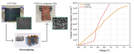CNT-Cu 복합체의 광학 이미지 (좌측) 전기도금 제조공정 (우측) 전류용량 비교