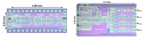 단일 채널 위상 배열 송신 빔포머 칩 사진(좌), 4채널 위상 배열 송신기 칩 사진(우)