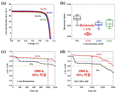(a) KF를 첨가한 태양전지의 첨가제 농도에 따른 효율 비교. (b) KF 첨가제 농도에 따른 hysteresis 정도 비교. (c,d) 대조군 (검정) 및 KF 0.1% 첨가 태양전지 (빨강)의 1 sun 광안정성 및 85℃/85% 상대습도 안정성
