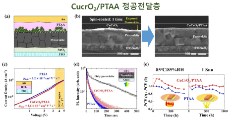 (a) CuCrO2/PTAA 정공전달층 사용 소자 단면도. (b) CuCrO2/PTAA 박막의 균일성 (100% coverage). (c) SCLC 분석을 통한 정공 이동도 개선 확인. (d) PL 분석을 통한 정공 수송/추출 능력 향상 확인. (e) CuCrO2/PTAA 정공전달층 사용 태양전지 (붉은색)의 향상된 고온 및 광 안정성