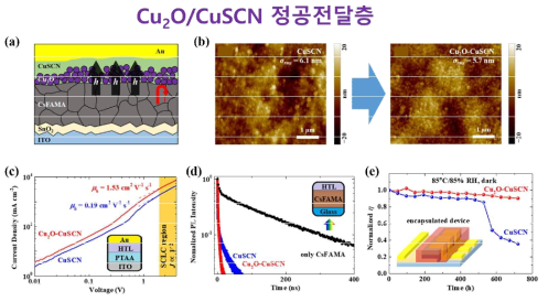 (a) Cu2O/CuSCN 정공전달층 사용 소자 단면도. (b) Cu2O/CuSCN 박막의 균일성 및 roughness (σrms) 감소에 관한 AFM 사진. (c) SCLC 분석을 통한 정공 이동도 개선 확인. (d) PL 분석을 통한 정공 수송/추출 능력 향상 확인. (e) Cu2O/CuSCN 정공전달층 사용 태양전지 (붉은색)의 향상된 고온 안정성 (초기효율 대비 효율 감소)